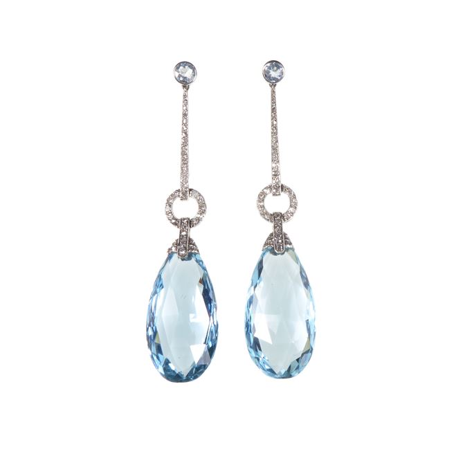 Pair of aquamarine briolette and diamond pendant earrings | MasterArt